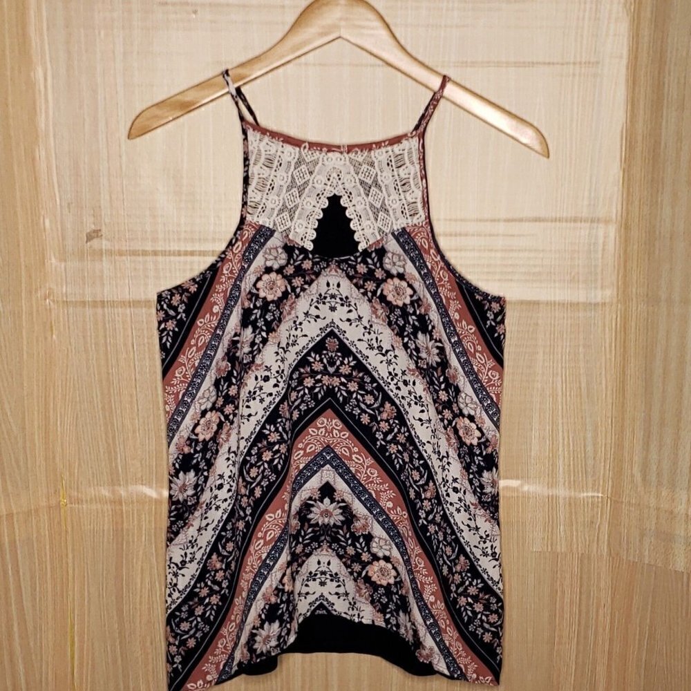 Jolt Womens Navy Floral Lacey Romantic Sleeveless Silky Front Top Small